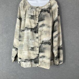 Chicos Womans Sz‎ 3 Blouse Buttons Lunar Print Balloon Sleeve Dress Shirt Office